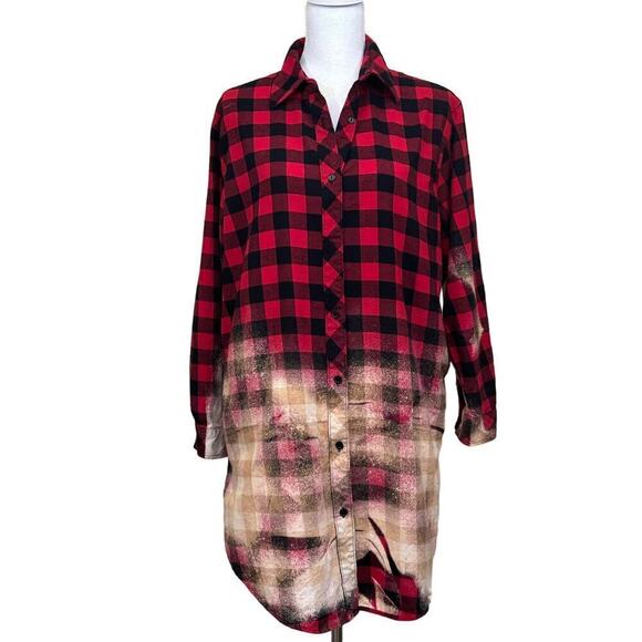 Red/black dip bleached flannel shirt, medium, bohemian, country, whimsical - Picture 1 of 5